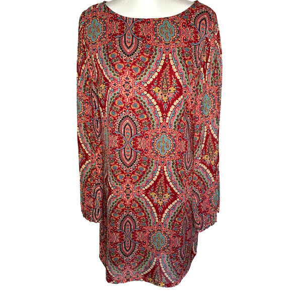 Fire Los Angeles Red Patterned Bell Sleeve Shift Dress L NEW - Picture 3 of 7